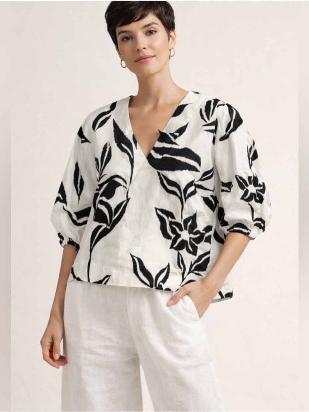 NWT Alembika Lilly Floral Print Oversized Cotton Top Size S Black White RT138L